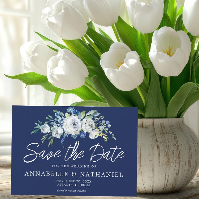 Navy Blue White Floral Eleganter Winter Abend Save The Date (Von Creator hochgeladen)