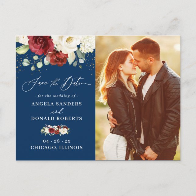 Navy Blue White Floral Foto Save the Date Postkarte (Vorderseite)