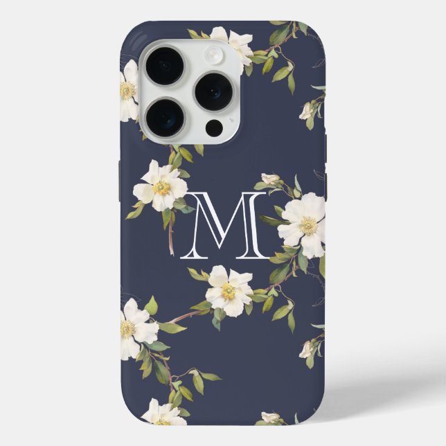 Navy Blue White Floral Monogram Case-Mate iPhone Hülle (Rückseite)