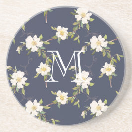 Navy Blue White Floral Monogram Getränkeuntersetzer