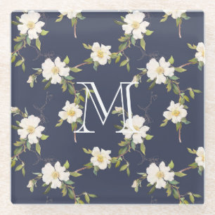 Navy Blue White Floral Monogram Glasuntersetzer