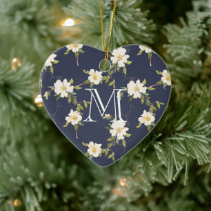 Navy Blue White Floral Monogram Keramik Ornament