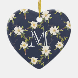 Navy Blue White Floral Monogram Keramik Ornament