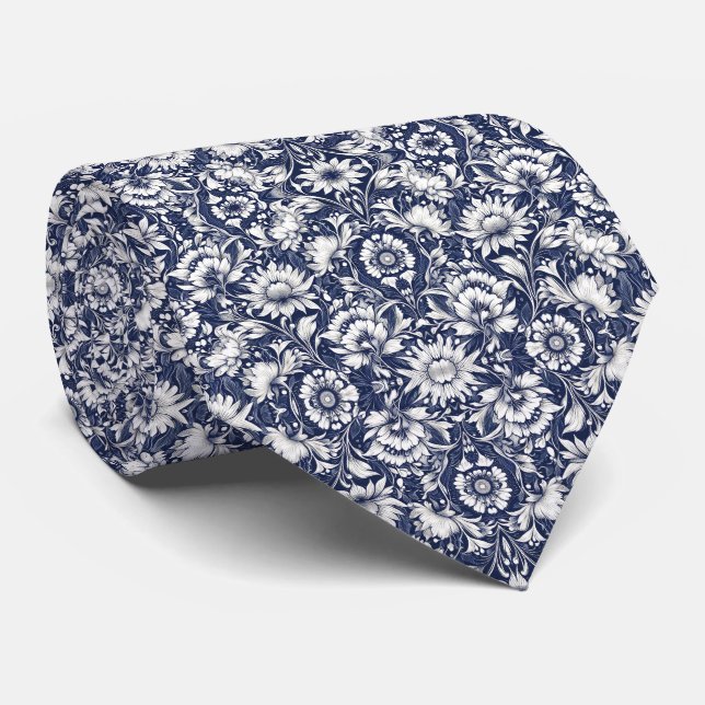 Navy Blue & White Floral Muster Krawatte (Gerollt)