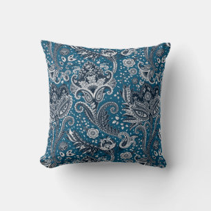 Navy Blue & White Floral Paisley Bohemisch Boho Kissen