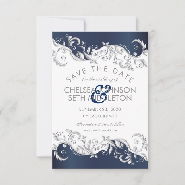 Navy Blue & White Floral Wirbel Save the Date (Vorderseite)