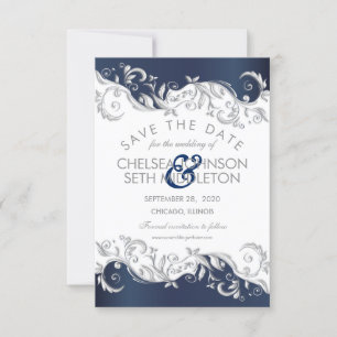 Navy Blue & White Floral Wirbel Save the Date