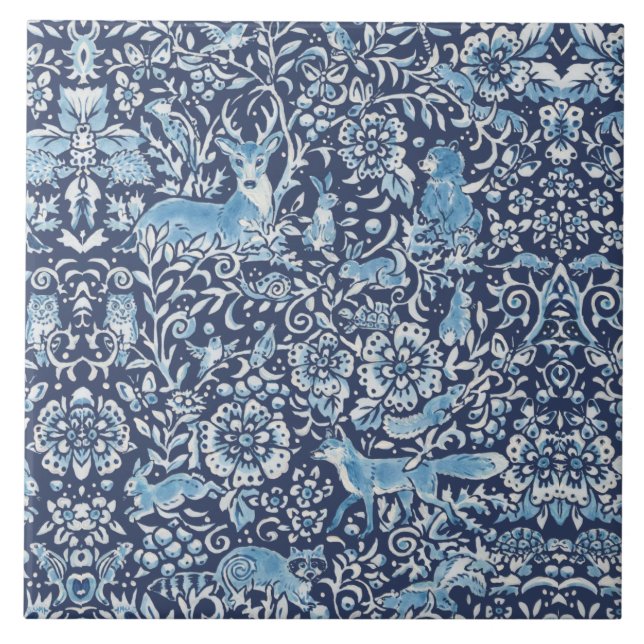 Navy Blue & White Forest Animals Fox Rabbit Floral Fliese (Vorderseite)