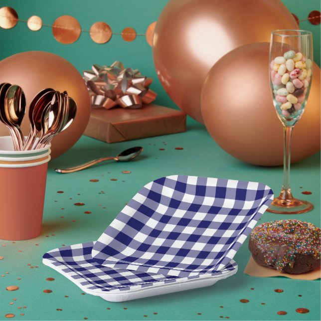Navy Blue White Gingham Pattern Pappteller (Multi)