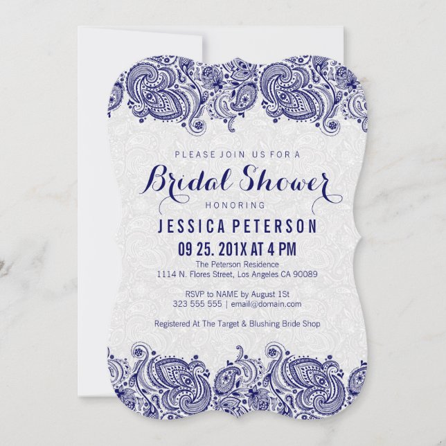Navy Blue & White Girly Paisley Lace Einladung (Vorderseite)