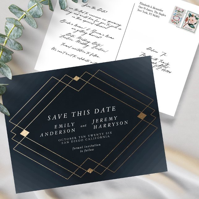 Navy Blue & White Gold Deko Lines Save the Date Postkarte (Von Creator hochgeladen)