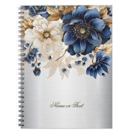 Navy Blue White Golden Blume Silver Notizblock