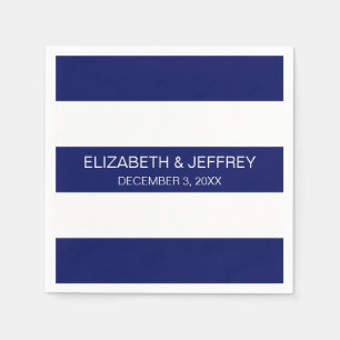 Navy Blue White Horiz Preppy Strip #3 Monogram Serviette