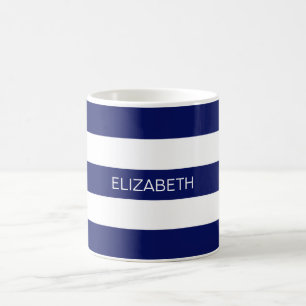 Navy Blue White Horiz Preppy Strip #3 Monogram Tasse