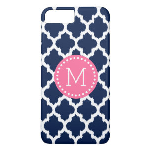 Navy-Blue & White Ikat Quatrefolienpinke Akzente iPhone 8 Plus/7 Plus Hülle
