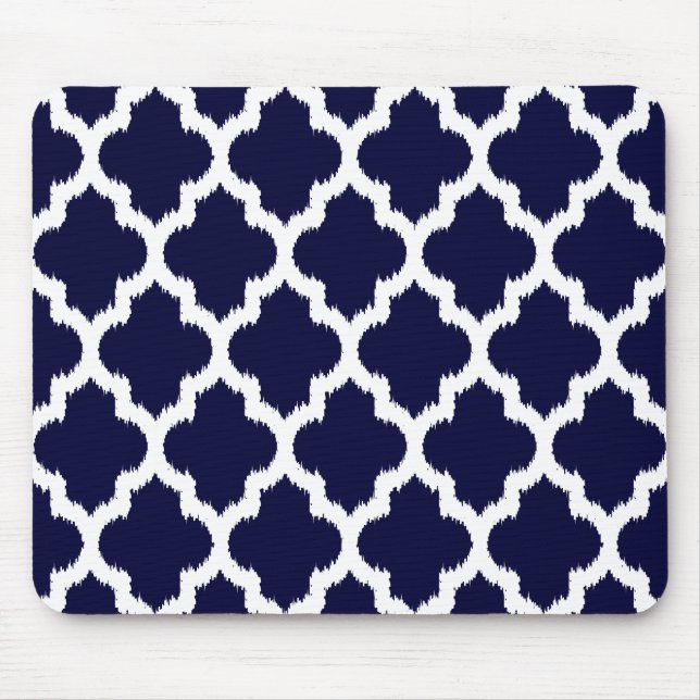 Navy Blue & White Ikat Tribal Geometrie Muster Mousepad (Vorne)