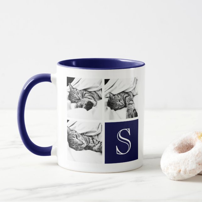 Navy Blue & White Instagram Foto Collage Monogram Tasse (Mit Donut)