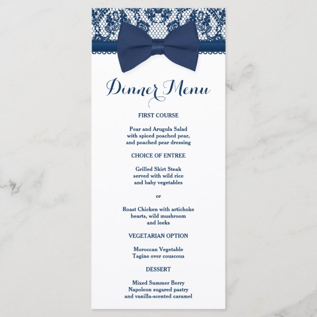 Navy Blue & White Lace Bow Slim Dinner Menu Menükarte (Vorderseite)
