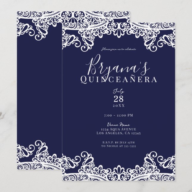 Navy Blue & White Lace Elegant Quinceñera Einladung (Vorne/Hinten)