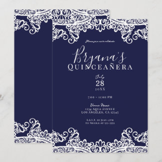 Navy Blue & White Lace Elegant Quinceñera Einladung