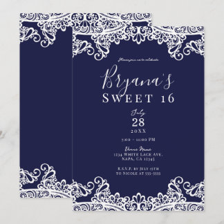 Navy Blue & White Lace Elegant Sweet 16 Party Einladung