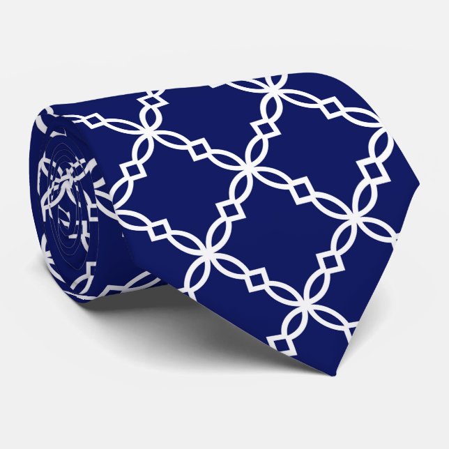 Navy Blue White Large Fancy Quatrefoil Pattern Krawatte (Gerollt)