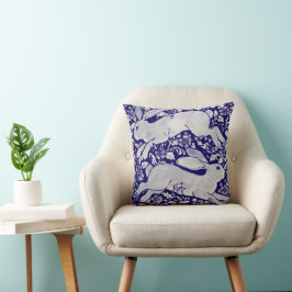 Navy Blue White Leaping Rabbit Hare Chinoiserie Kissen