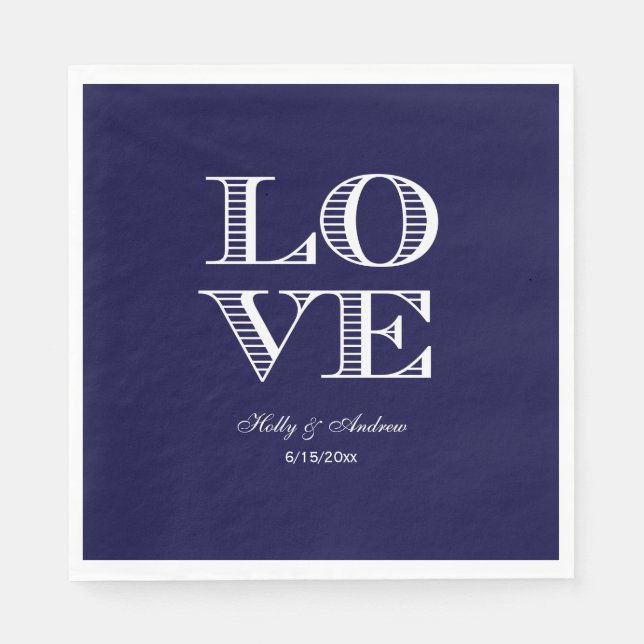 Navy Blue White LIEBE Napkins Serviette (Vorderseite)