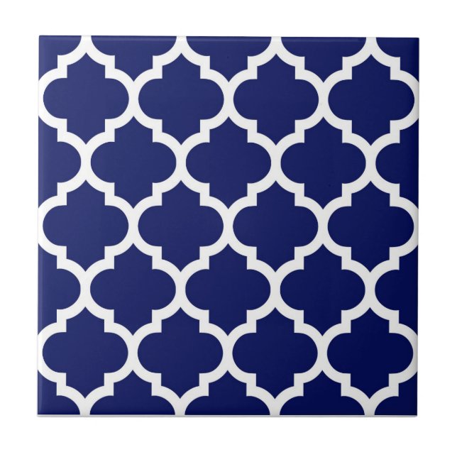 Navy Blue White marokkanische Quatrefolienmuster # Fliese (Vorderseite)