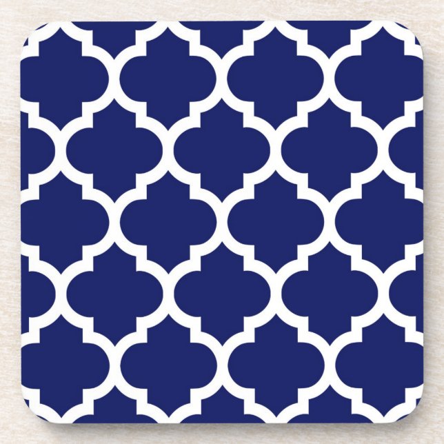 Navy Blue White marokkanische Quatrefolienmuster # Getränkeuntersetzer (Vorderseite)