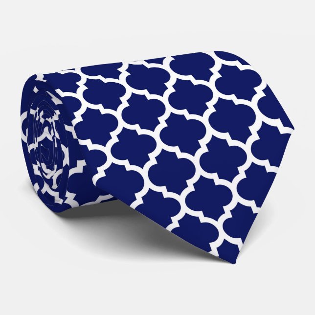 Navy Blue White marokkanische Quatrefolienmuster # Krawatte (Gerollt)