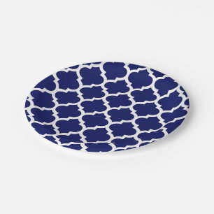 Navy Blue White marokkanische Quatrefolienmuster # Pappteller