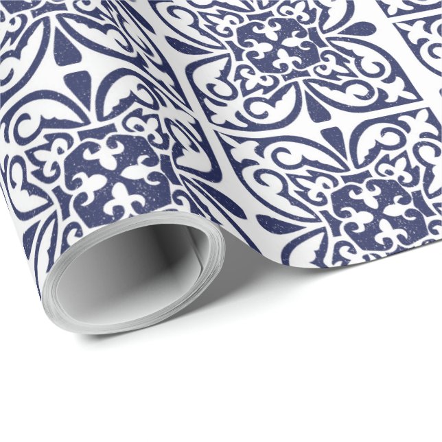 Navy Blue White marokkanische Trellis Boho Tile Mu Geschenkpapier (Rolleneckpunkt)