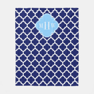 Navy Blue White Marokko #5 Sky Blue Name Monogram Fleecedecke