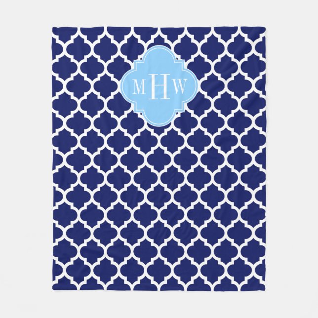 Navy Blue White Marokko #5 Sky Blue Name Monogram Fleecedecke (Vorderseite)