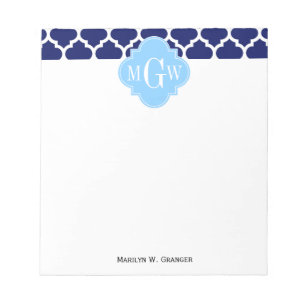 Navy Blue White Marokko #5 Sky Blue Name Monogram Notizblock