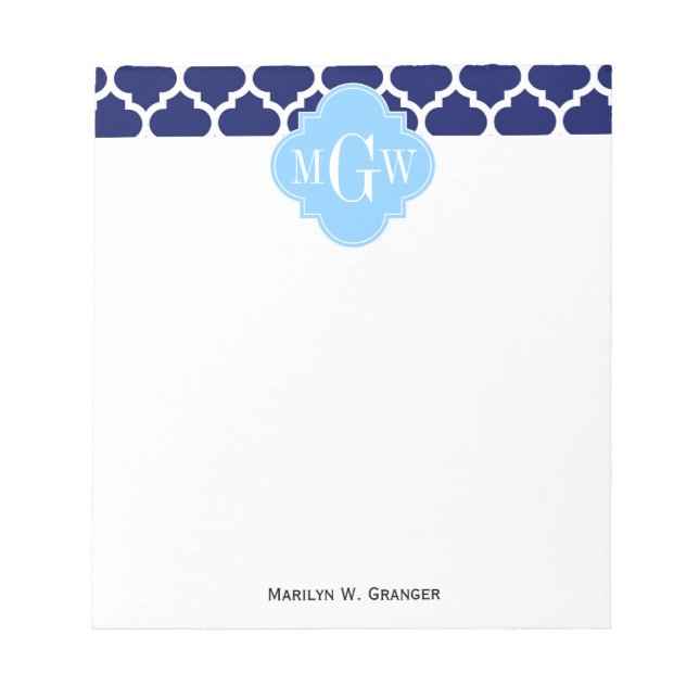Navy Blue White Marokko #5 Sky Blue Name Monogram Notizblock (Vorderseite)