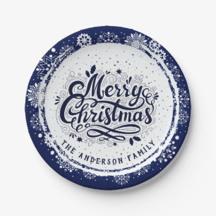 Navy Blue & White Minimal Elegant Frohe Weihnachte Pappteller