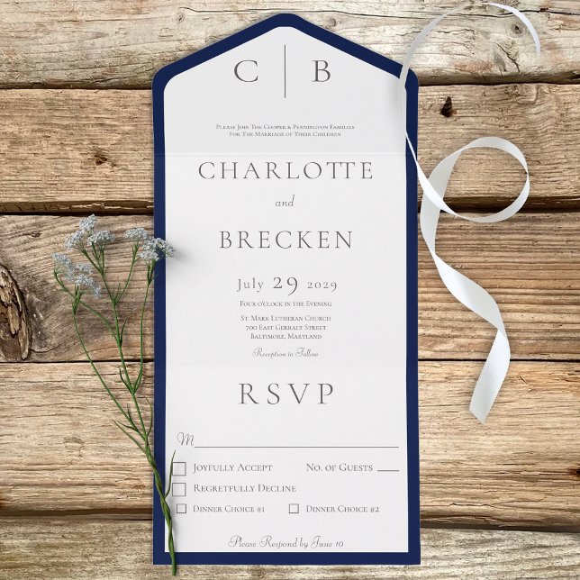 Navy Blue & White Minimal Monogram Dinner All In One Einladung (Von Creator hochgeladen)