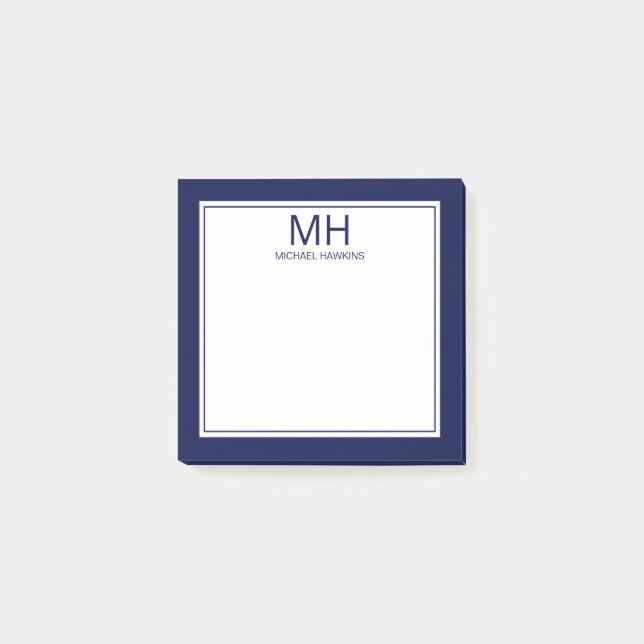 Navy Blue White Mit Monogramm Men Post-it Klebezettel (Vorderseite)