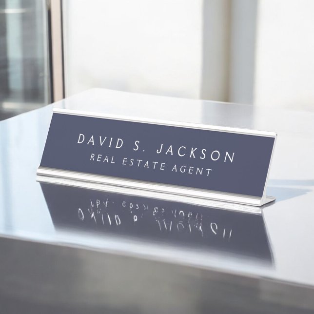 Navy Blue White Modern Elegant Beruflich Classy Schreibtischnamensplakette (Von Creator hochgeladen)