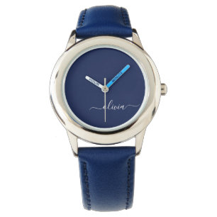 Navy Blue White Modern Script Giron Monogram Name Armbanduhr