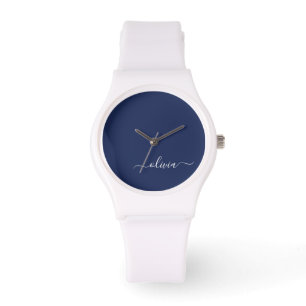 Navy Blue White Modern Script Giron Monogram Name Armbanduhr