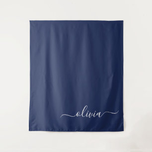 Navy Blue White Modern Script Giron Monogram Name Wandteppich
