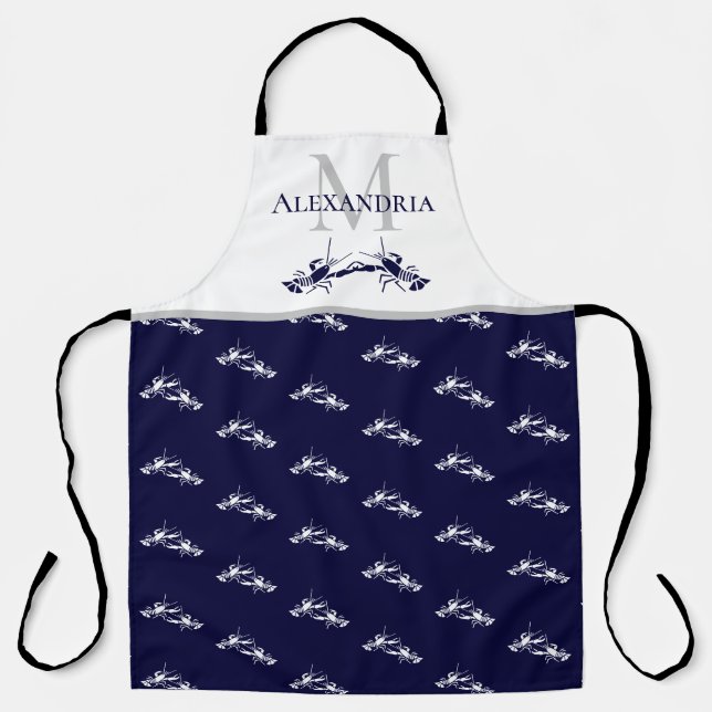 Navy Blue White Monogram Name Lobster Muster Schürze (Vorderseite)