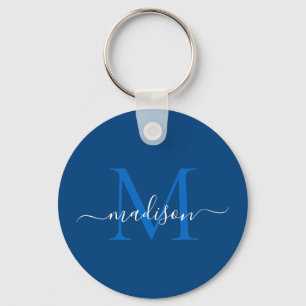 Navy Blue White Monogram Name Modern Girl Script Schlüsselanhänger