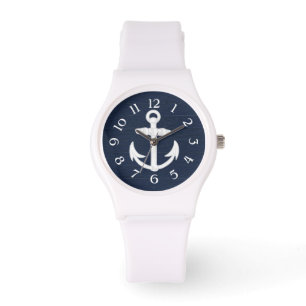 Navy Blue/White Nautical Anchor mit Zahlen Armbanduhr