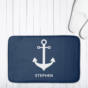 Navy Blue White Nautical Anchor Personalisiert Badematte