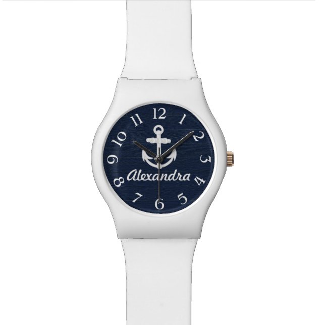 Navy Blue/White Nautical Anchor Personalisiert Uhr (Nahaufnahme)