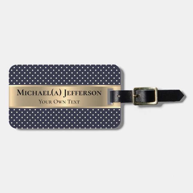 Navy Blue White Polka Dot Elegant Classic Gold Gepäckanhänger (Vorderseite horizontal)